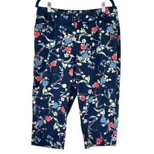St Johns Bay Women's Size 12 Capri‎ Pants Navy Blue Floral Chino Flat Mid Rise